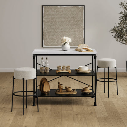 Anais Boucle Fabric Counter Stool In Ivory With Black Metal Legs