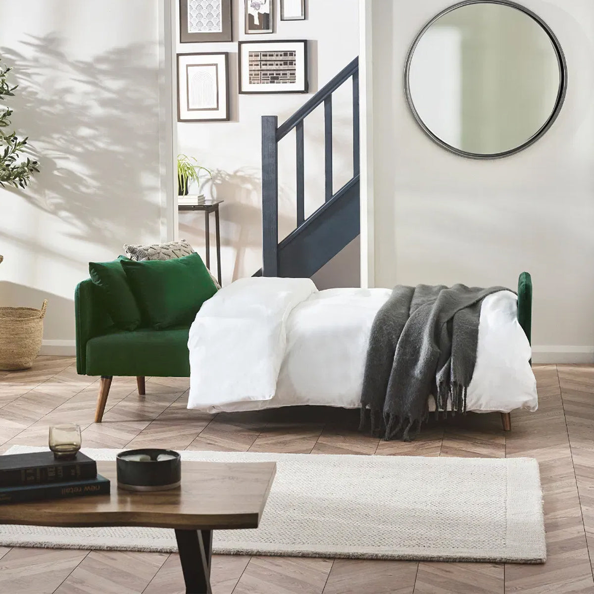 Andi Fabric Sofa Bed In Green With Pale Wood-Effect Legs
