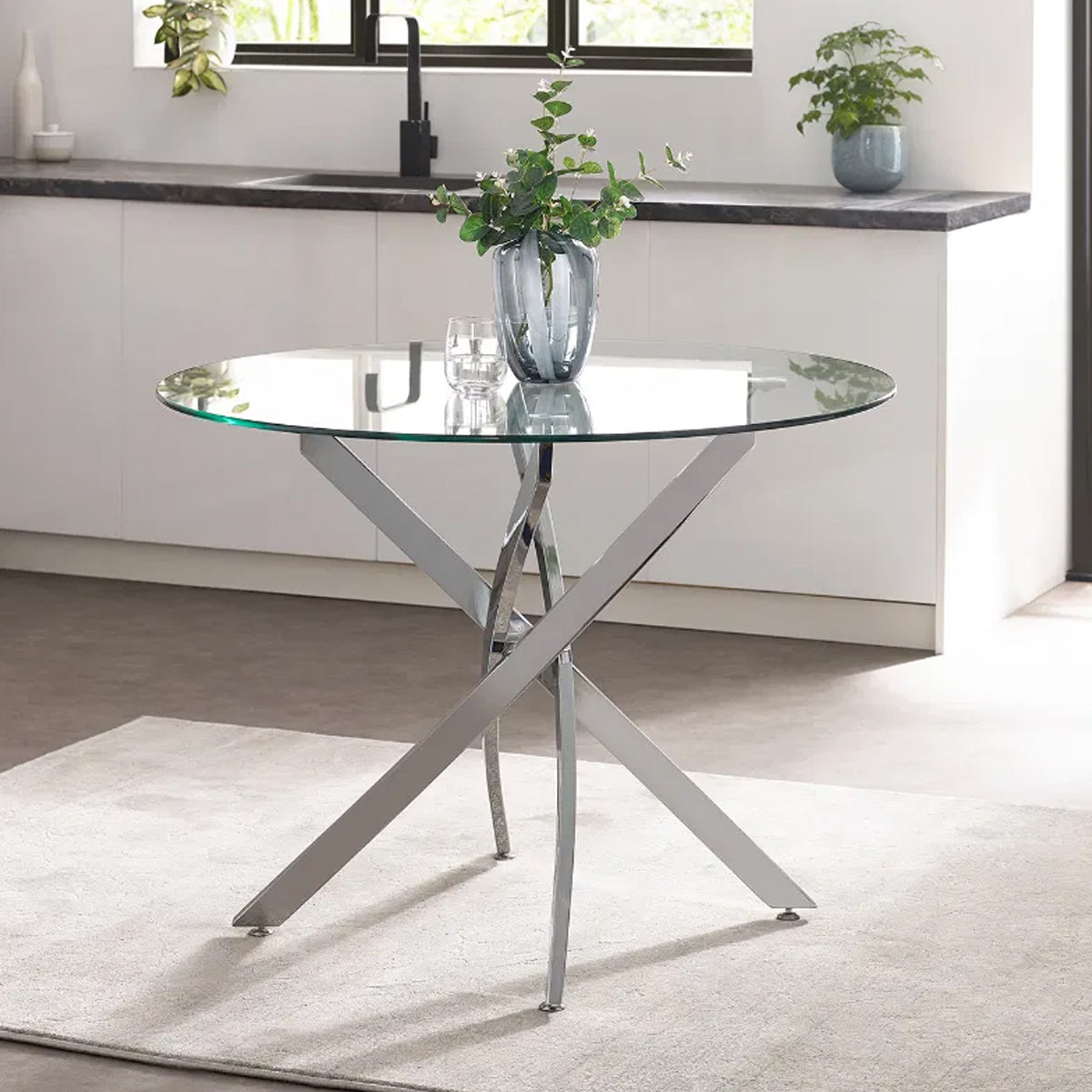 Anderson Round Glass Dining Table With Chrome Metal Base