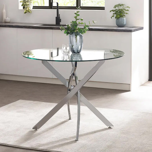 Anderson Round Glass Dining Table With Chrome Metal Base
