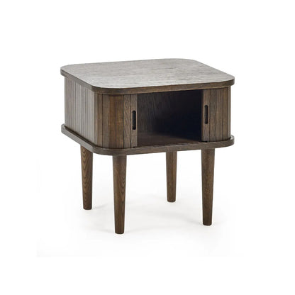 Arya Wooden Side Table With 2 Sliding Doors In Rich Dark Oak Effect