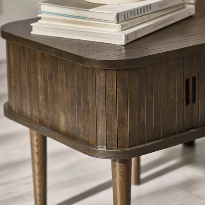 Arya Wooden Side Table With 2 Sliding Doors In Rich Dark Oak Effect