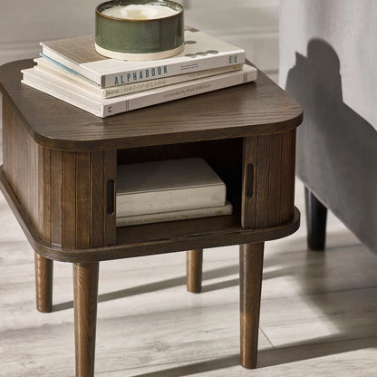 Arya Wooden Side Table With 2 Sliding Doors In Rich Dark Oak Effect