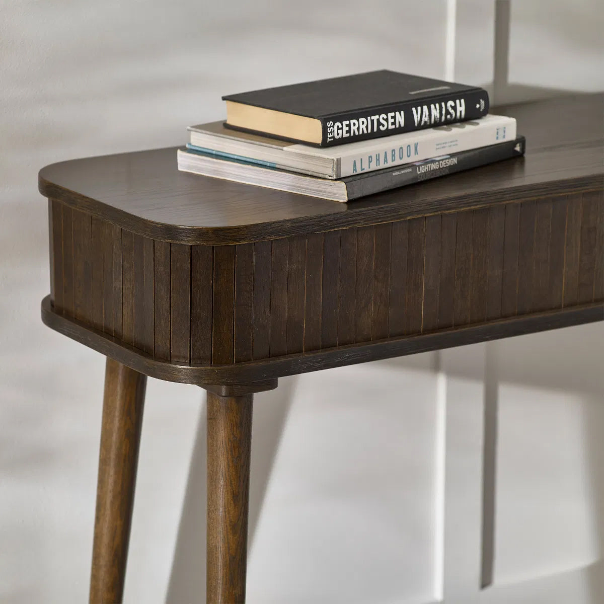 Arya Wooden Console Table With 2 Sliding Doors In Rich Dark Oak Effect