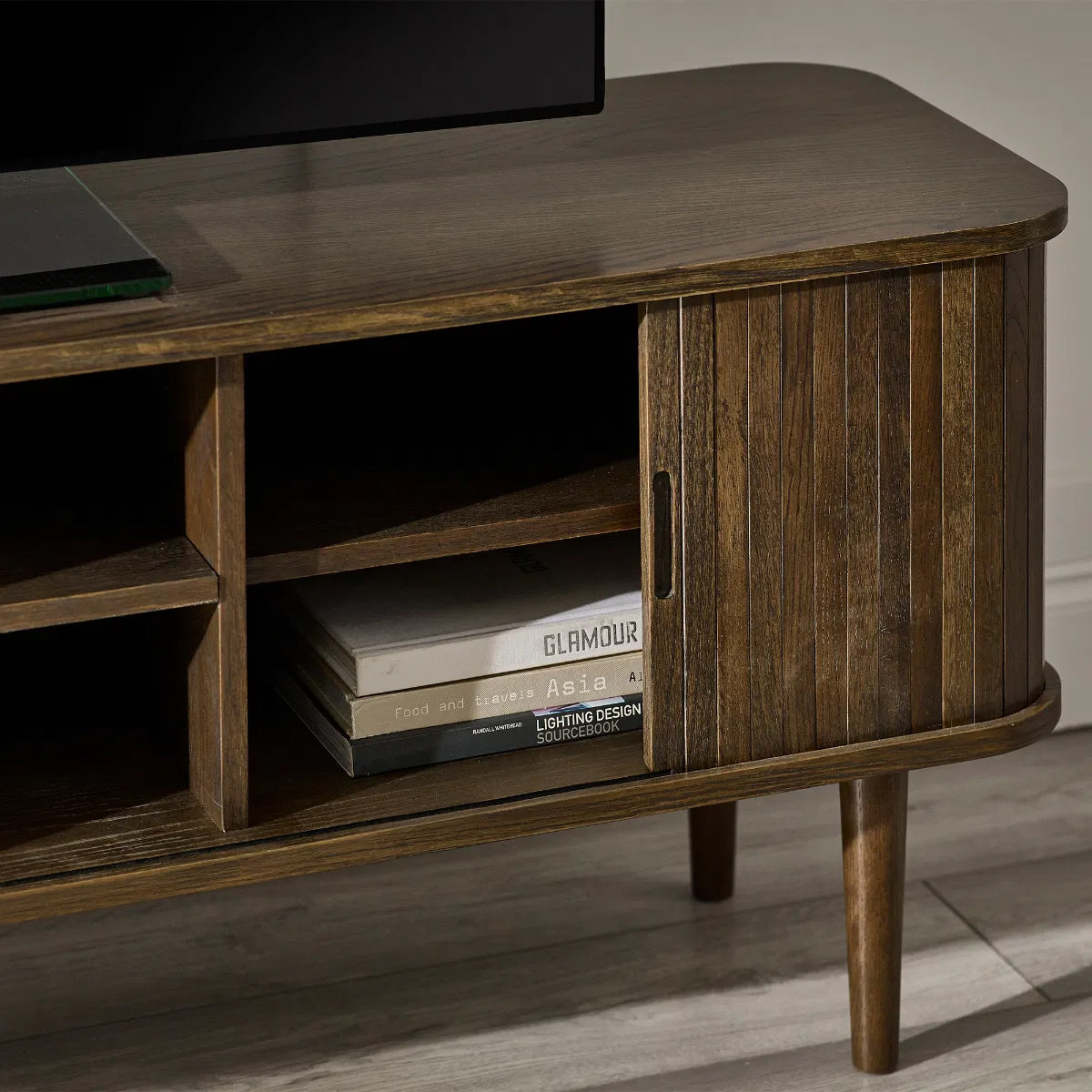Arya Wooden TV Stand With 2 Sliding Doors In Rich Dark Oak Effect