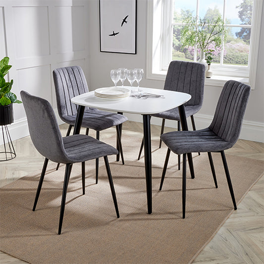 Aspen White Square Dining Table With 4 Grey Straight Stitch Fabric Chairs