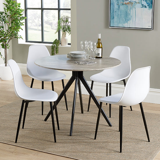 Aspen Grey Oak Round Dining Table With 4 White Curve Plastic Chairs