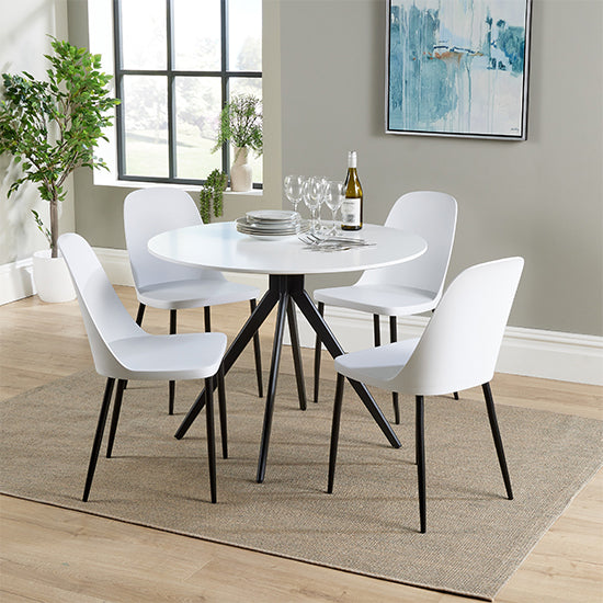 Aspen White Round Dining Table With 4 White Duo Plastic Chairs