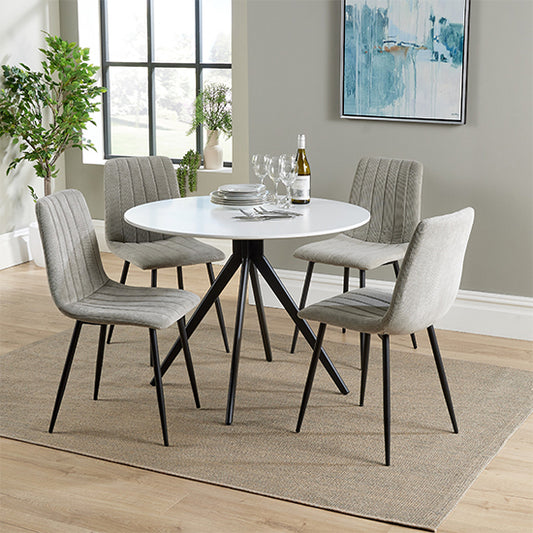 Aspen White Round Dining Table With 4 Light Grey Straight Stitch Fabric Chairs