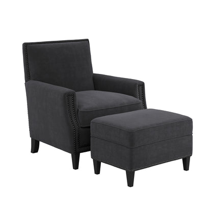 Atticus Plush Fabric Armchair In Anthracite With Wooden Feets