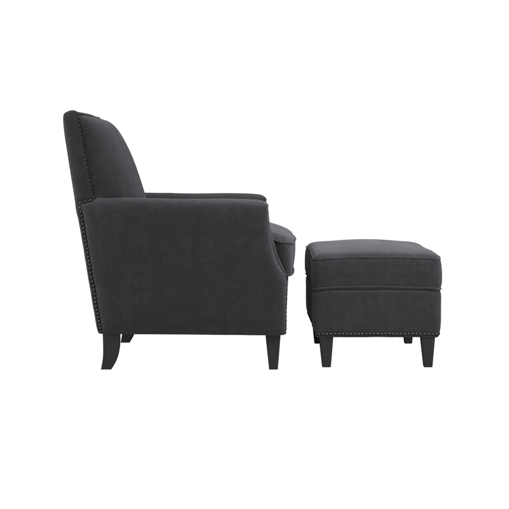Atticus Plush Fabric Footstool In Anthracite With Wooden Feets