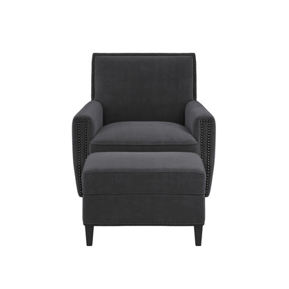 Atticus Plush Fabric Footstool In Anthracite With Wooden Feets