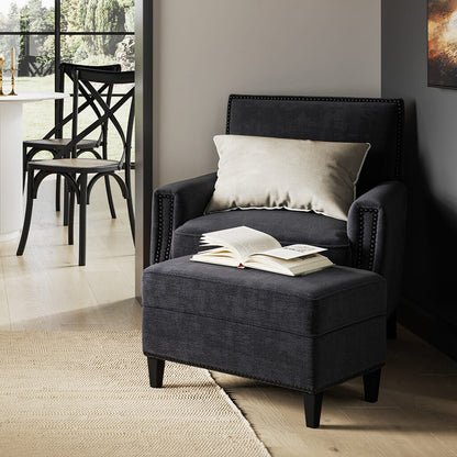 Atticus Plush Fabric Footstool In Anthracite With Wooden Feets