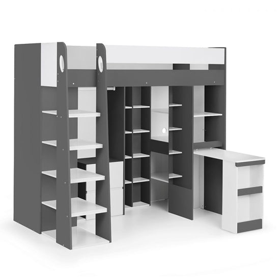 Aurora Wooden Highsleeper Bunk Bed With Computer Desk In Charcoal And White