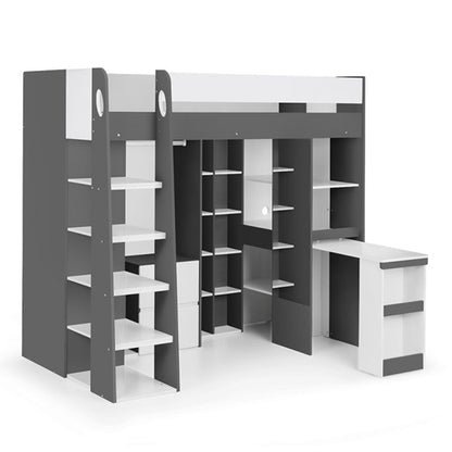 Aurora Wooden Highsleeper Bunk Bed With Computer Desk In Charcoal And White