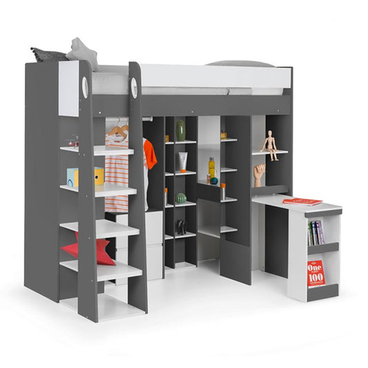Aurora Wooden Highsleeper Bunk Bed With Computer Desk In Charcoal And White