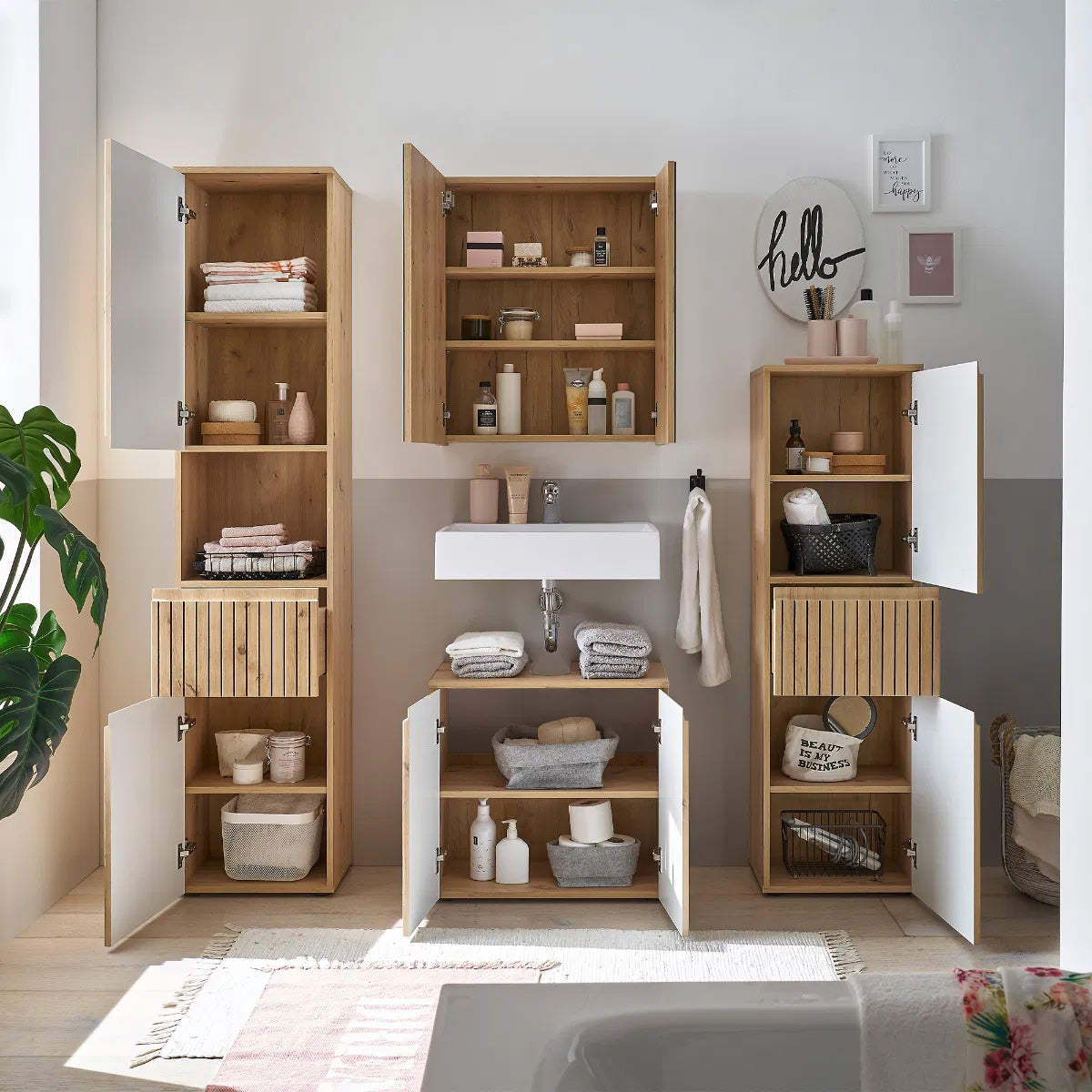 Austin Wooden Bathroom Storage Cabinet With 2 Doors And 1 Drawer In Natural
