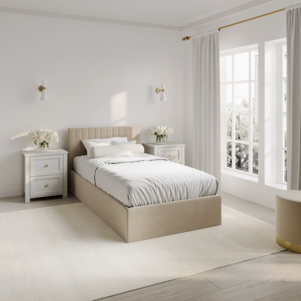 Berlin Ottoman Velvet Single Bed In Beige