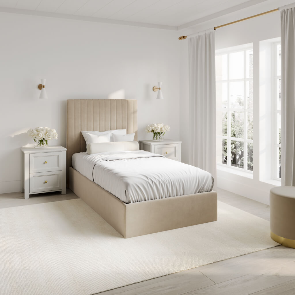 Berlin Tall Ottoman Velvet Single Bed In Beige