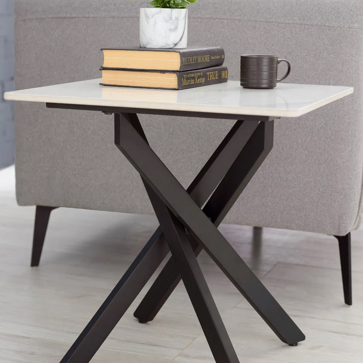 Bradley Wooden Lamp Table In White Marble Effect