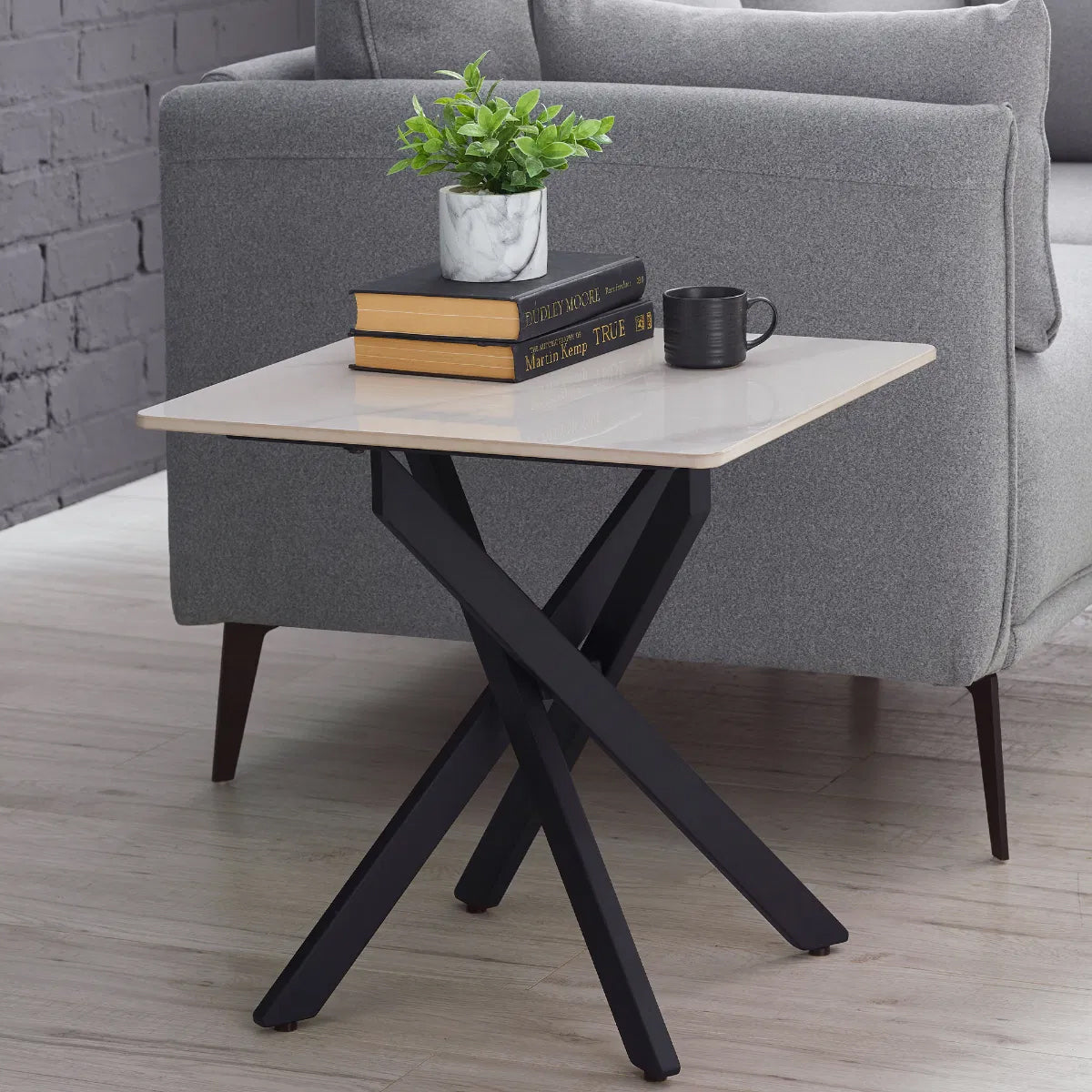 Bradley Wooden Lamp Table In White Marble Effect