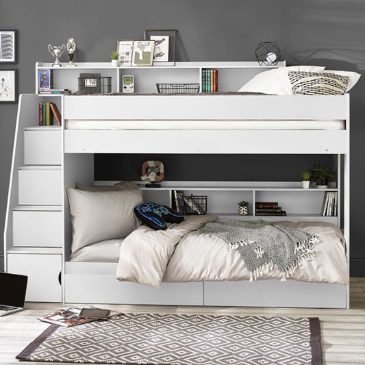 Camelot Wooden Bunk Bed With Staircase Design In White