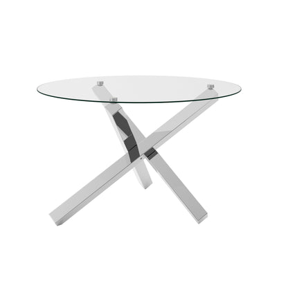 Capri Round Clear Glass Top Dining Table With Polished Silver Metal Legs