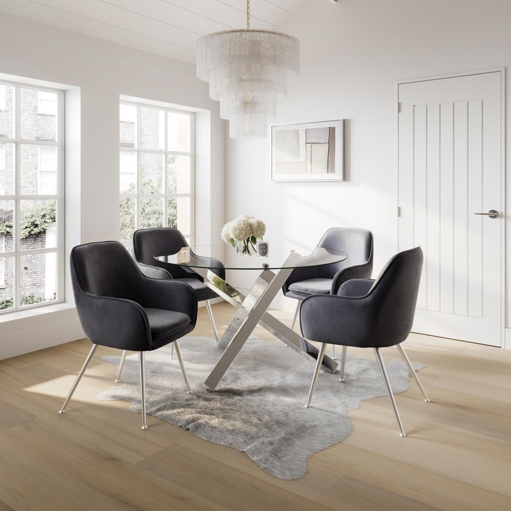 Capri Round Clear Glass Top Dining Table With Polished Silver Metal Legs
