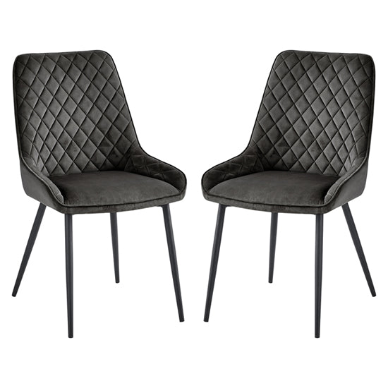 Signature Grey Velvet Dining Chairs With Black Metal Legs In Pair