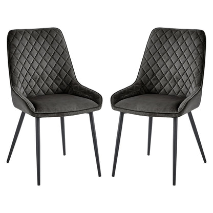 Signature Grey Velvet Dining Chairs With Black Metal Legs In Pair