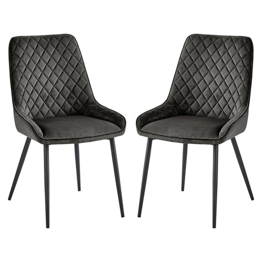Signature Grey Velvet Dining Chairs With Black Metal Legs In Pair
