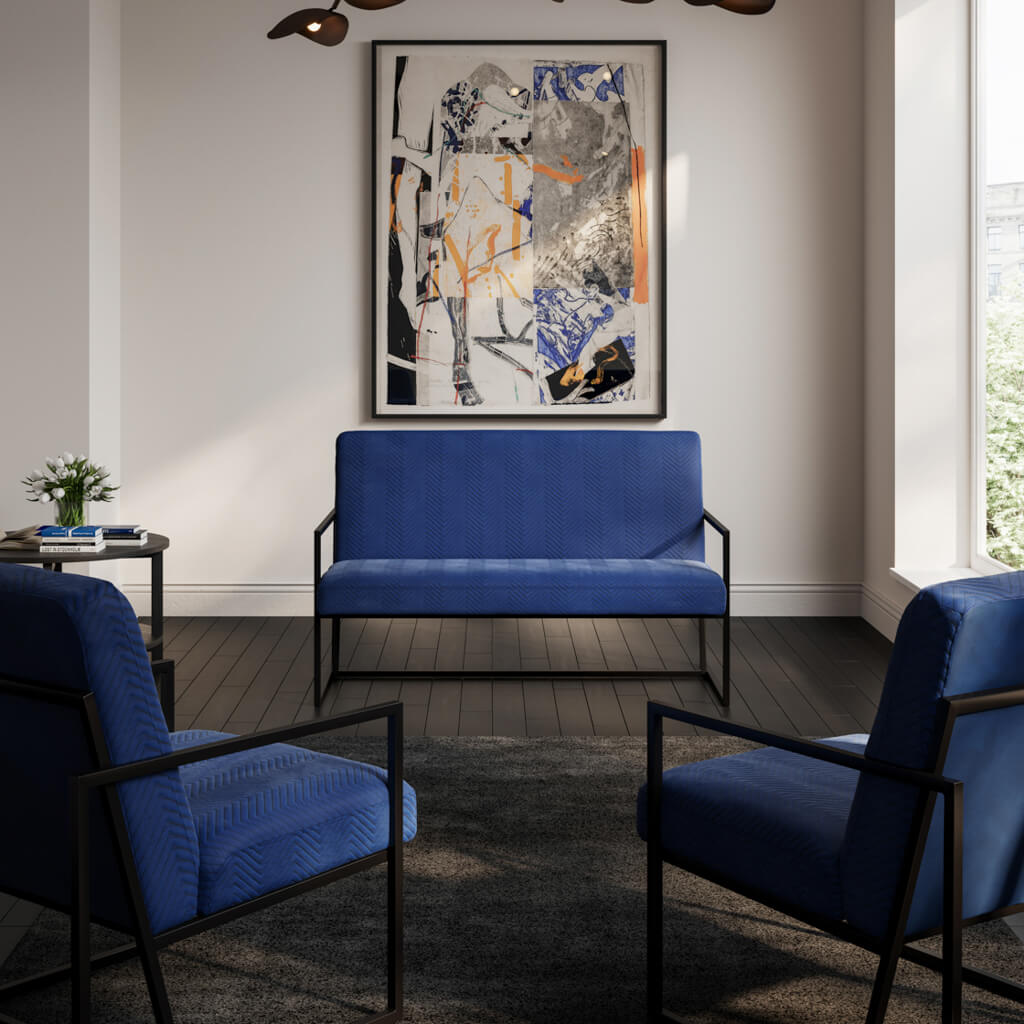 Chance Velvet 2 Seater Sofa In Oxford Blue With Matte Black Metal Frame
