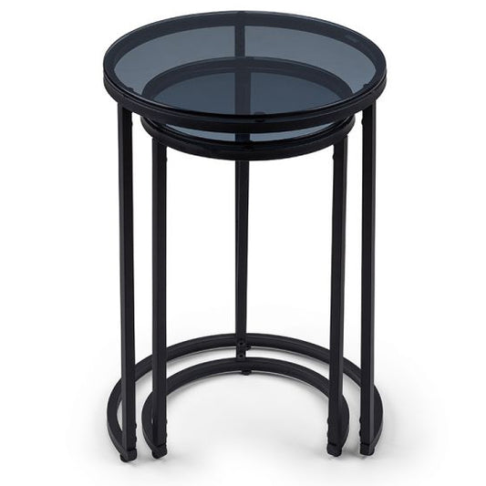 Chicago Round Smoked Glass Nesting Side Tables With Black Metal Frame
