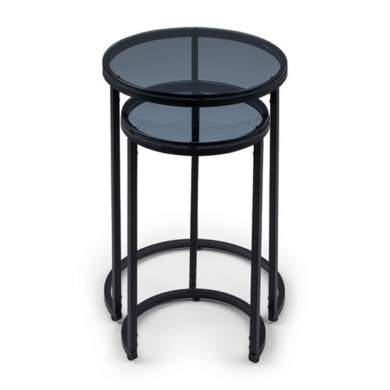 Chicago Round Smoked Glass Nesting Side Tables With Black Metal Frame