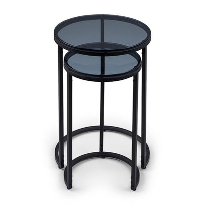 Chicago Round Smoked Glass Nesting Side Tables With Black Metal Frame