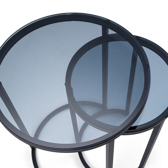 Chicago Round Smoked Glass Nesting Side Tables With Black Metal Frame
