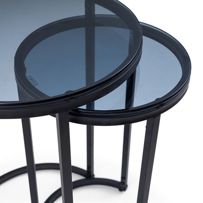 Chicago Round Smoked Glass Nesting Side Tables With Black Metal Frame