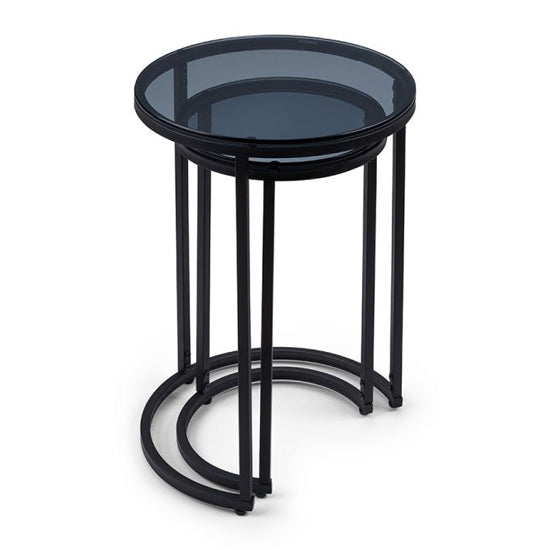 Chicago Round Smoked Glass Nesting Side Tables With Black Metal Frame