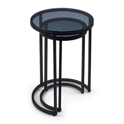 Chicago Round Smoked Glass Nesting Side Tables With Black Metal Frame