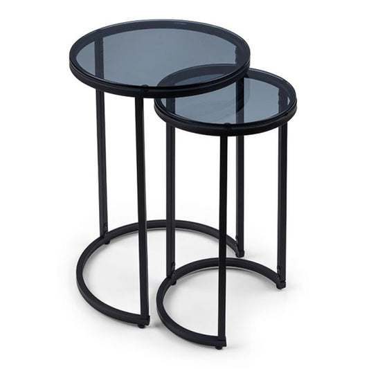 Chicago Round Smoked Glass Nesting Side Tables With Black Metal Frame