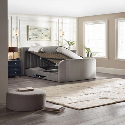 Clara Velvet Side Lift Ottoman Double TV Bed In Light Grey