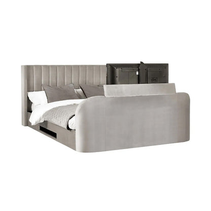 Clara Velvet Side Lift Ottoman Double TV Bed In Light Grey