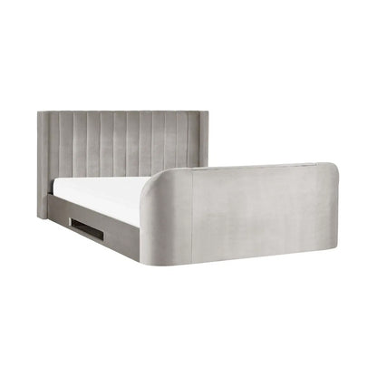 Clara Velvet Side Lift Ottoman Double TV Bed In Light Grey