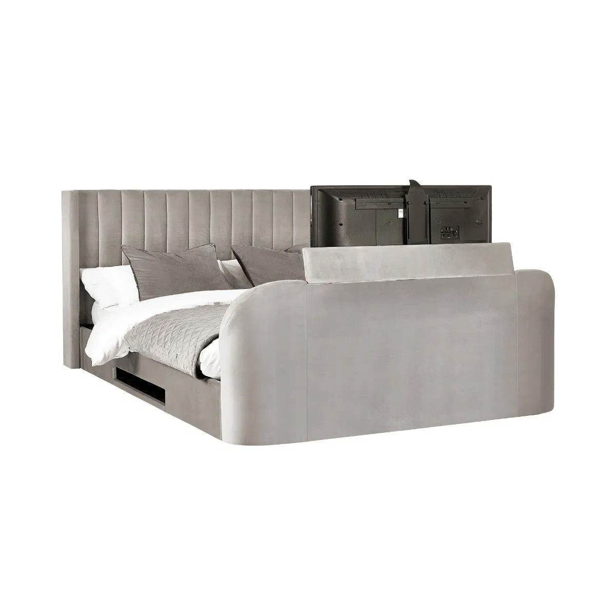 Clara Velvet Side Lift Ottoman King Size TV Bed In Light Grey