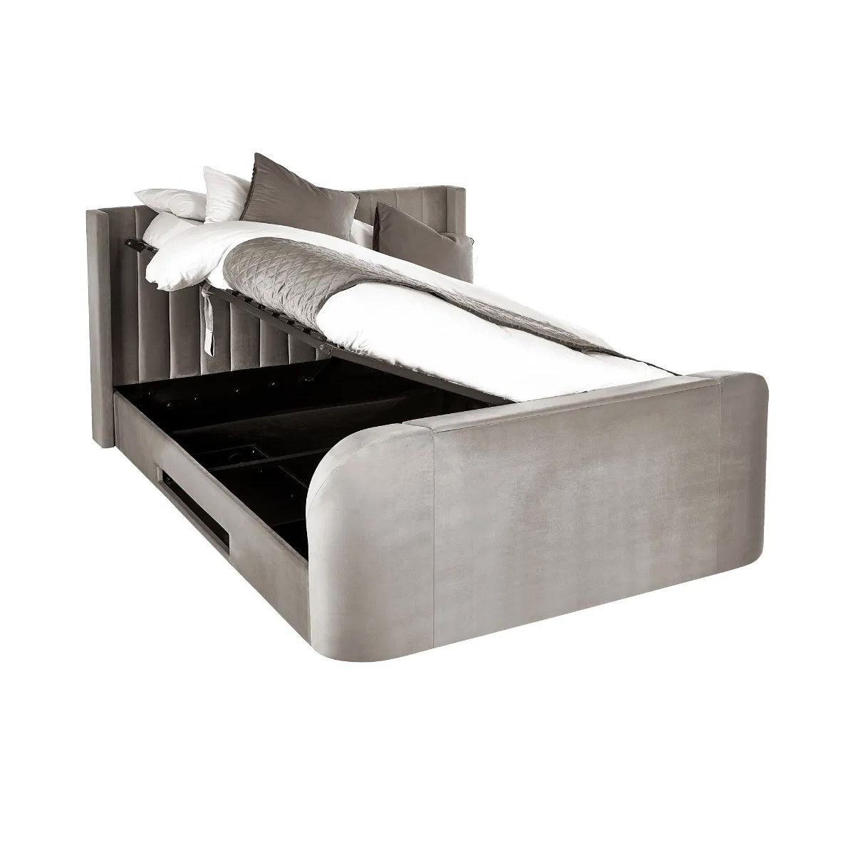 Clara Velvet Side Lift Ottoman King Size TV Bed In Light Grey