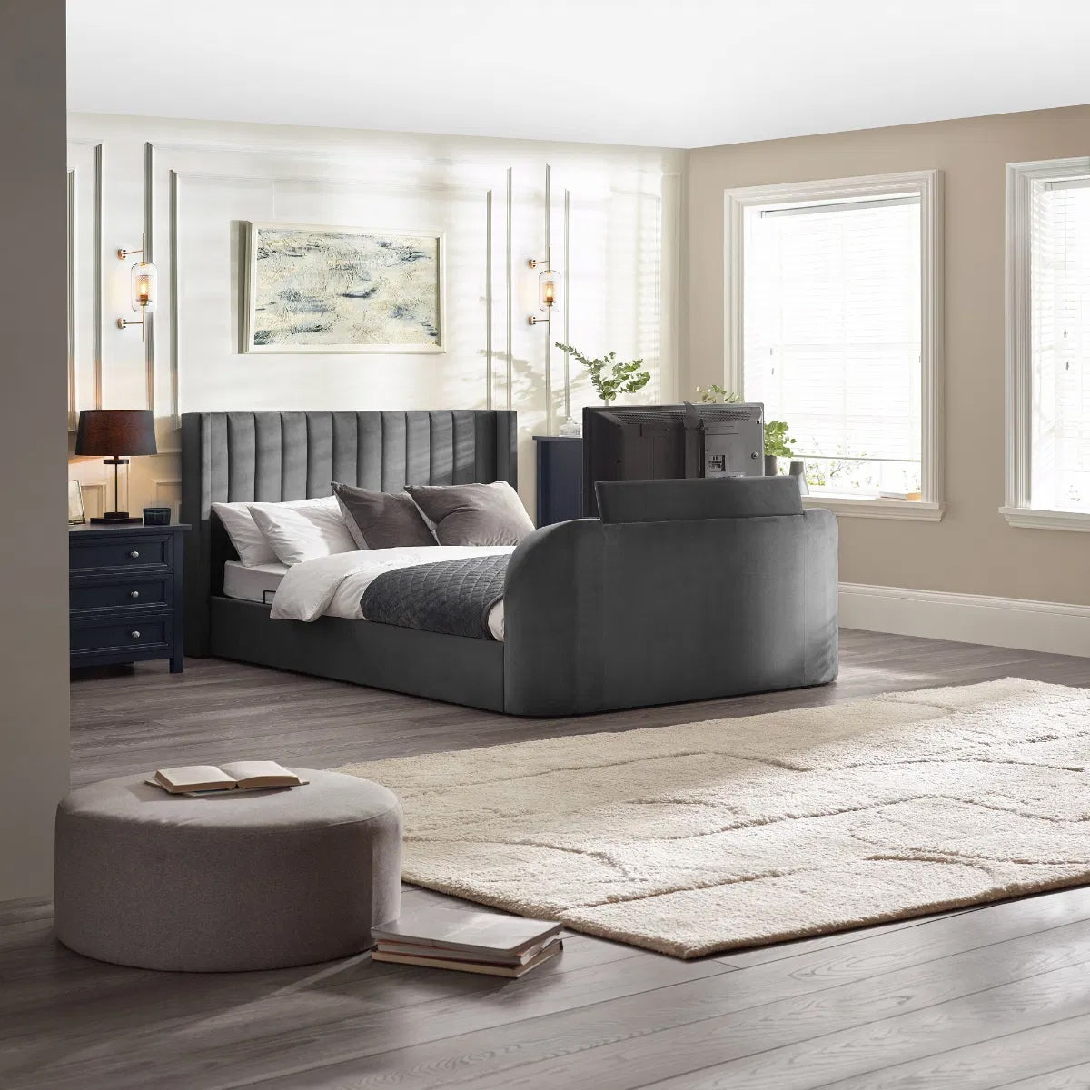 Clara Velvet Side Lift Ottoman Double TV Bed In Dark Grey