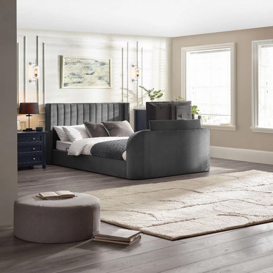 Clara Velvet Side Lift Ottoman Double TV Bed In Dark Grey
