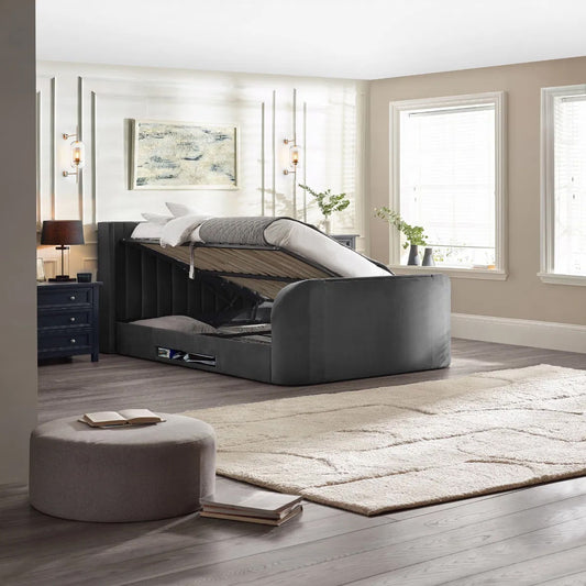 Clara Velvet Side Lift Ottoman King Size TV Bed In Dark Grey