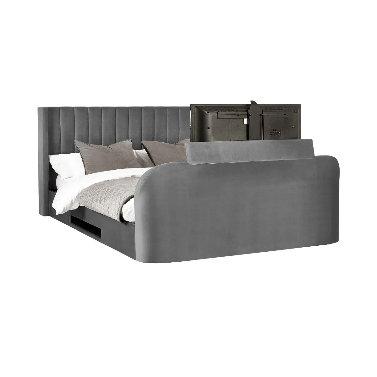 Clara Velvet Side Lift Ottoman King Size TV Bed In Dark Grey