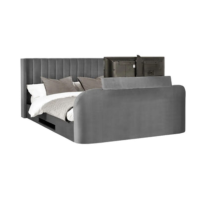 Clara Velvet Side Lift Ottoman King Size TV Bed In Dark Grey